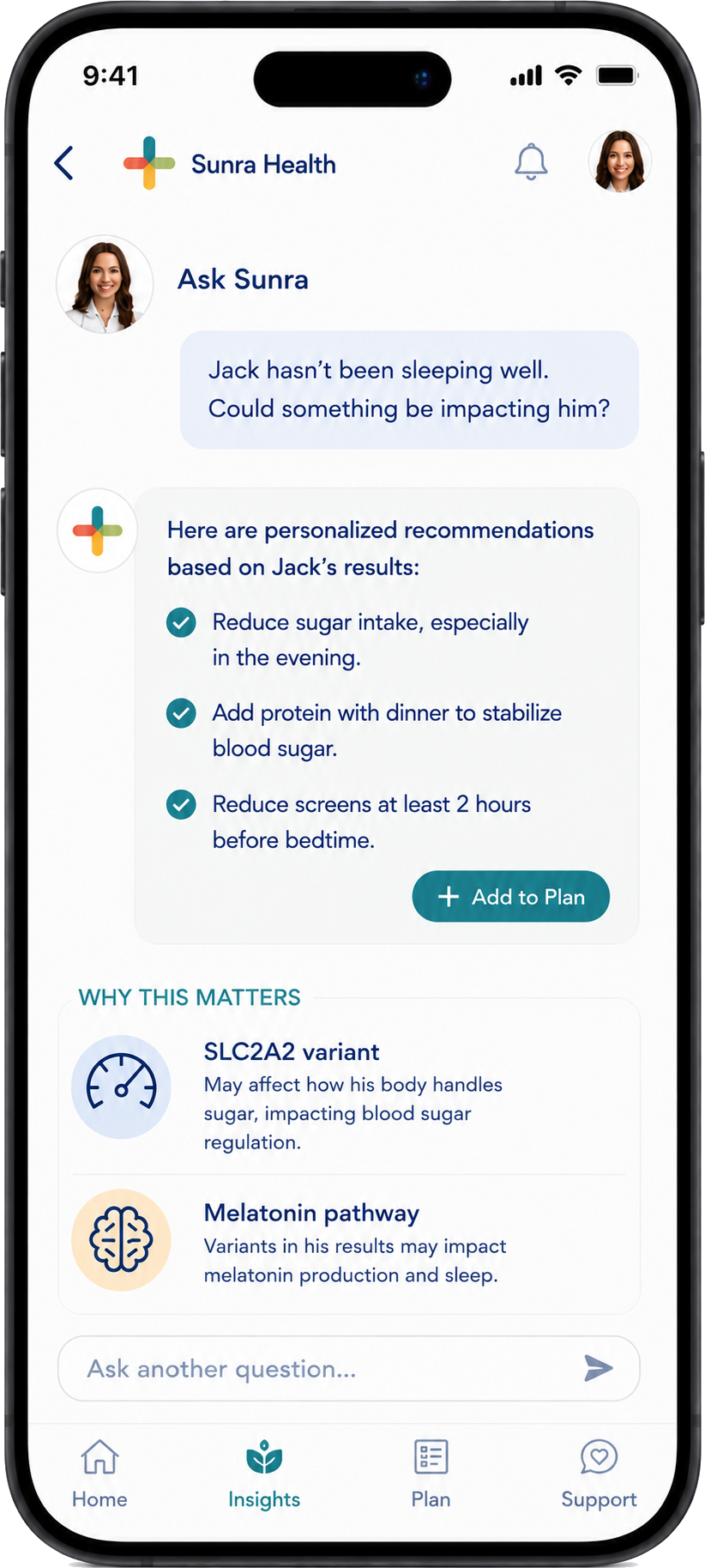 The Sunra app's Ask Sunra screen: a parent asks why their child isn't sleeping well, and Sunra replies with personalized recommendations and the genetic findings behind them